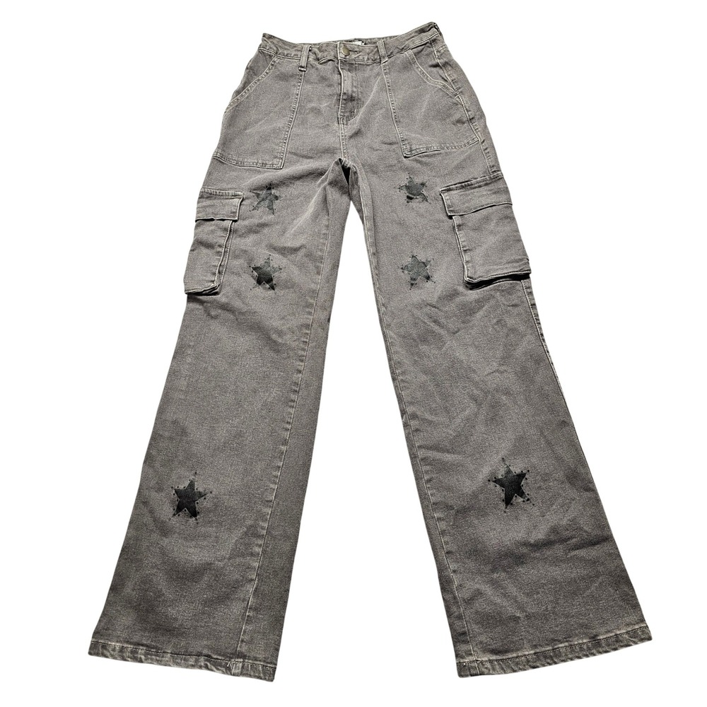 Hot Topic Gray Star Cargo Wide Leg Jeans High Rise Stretch Denim Y2K Size 7